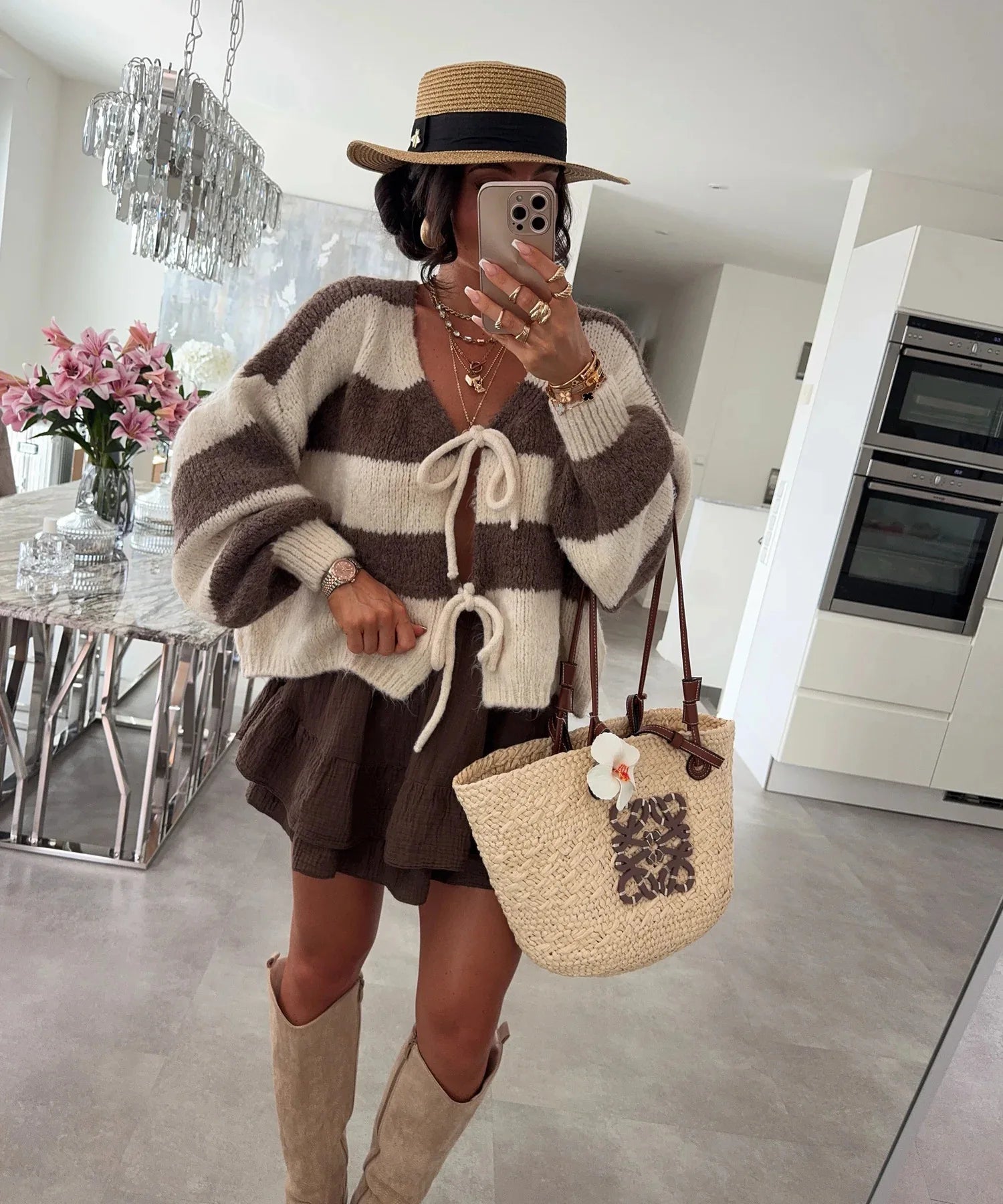 Knitted Striped Bow-Tie Cardigan