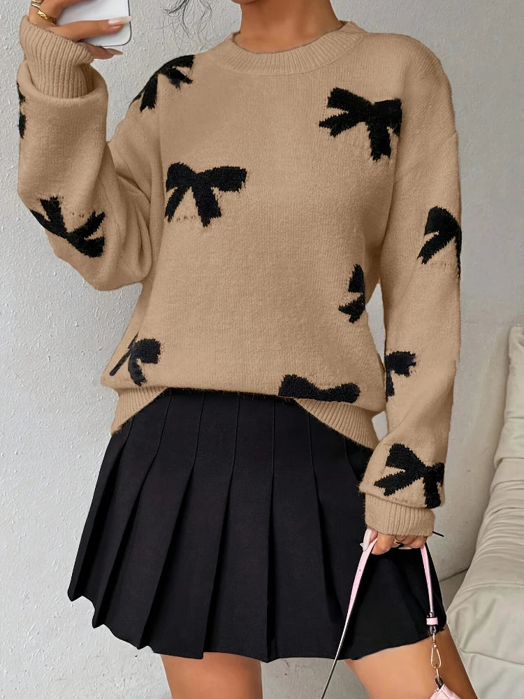 Women's Bow Wool Pullover Sweater Round Neck