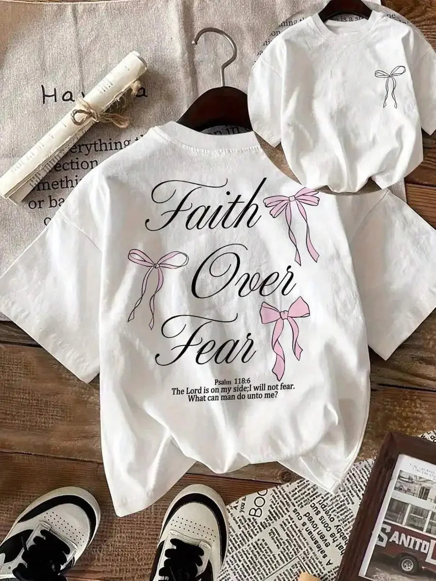 Pink Bow Faith Over Fear Women's Tee Shirt