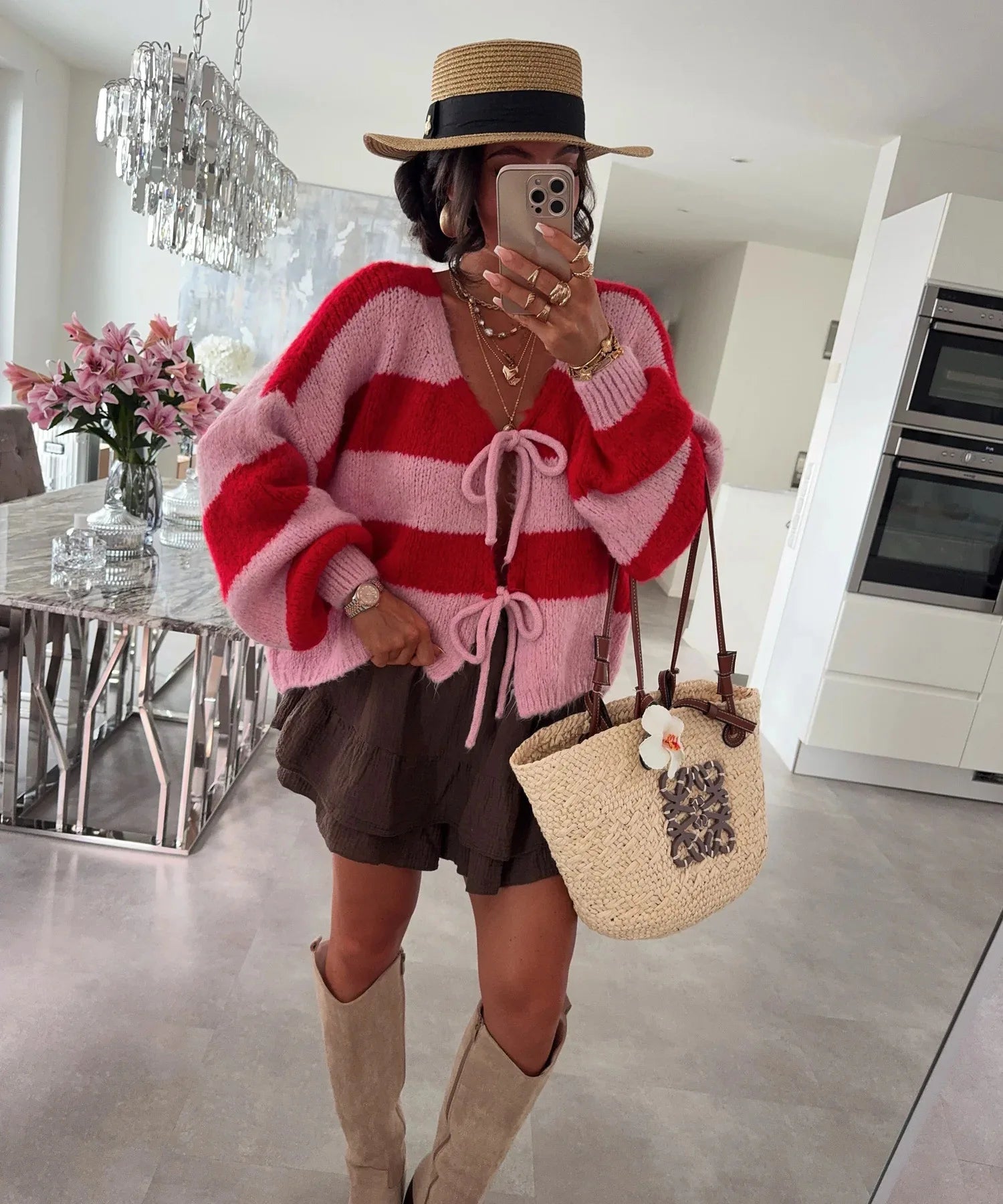 Knitted Striped Bow-Tie Cardigan