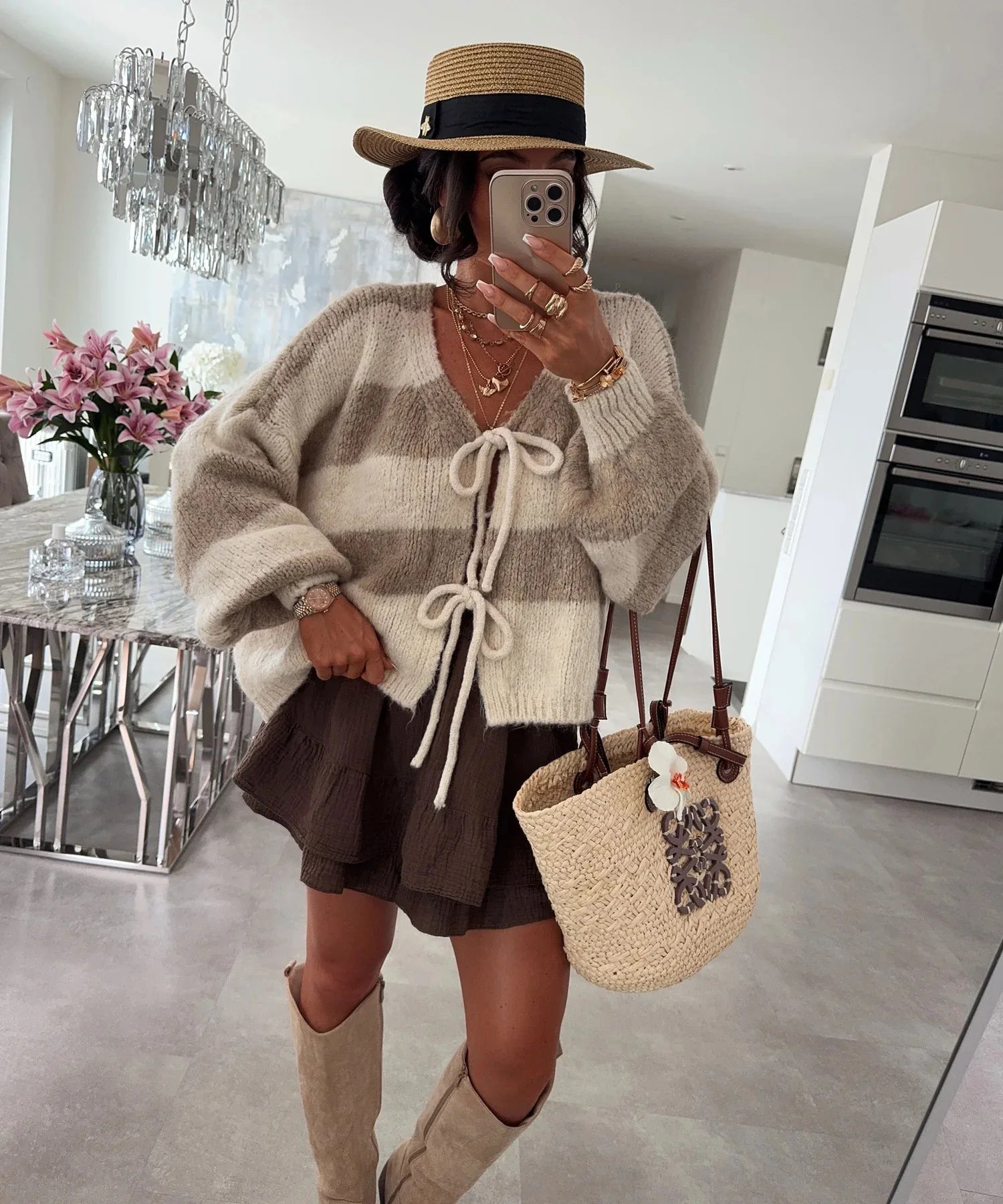 Knitted Striped Bow-Tie Cardigan