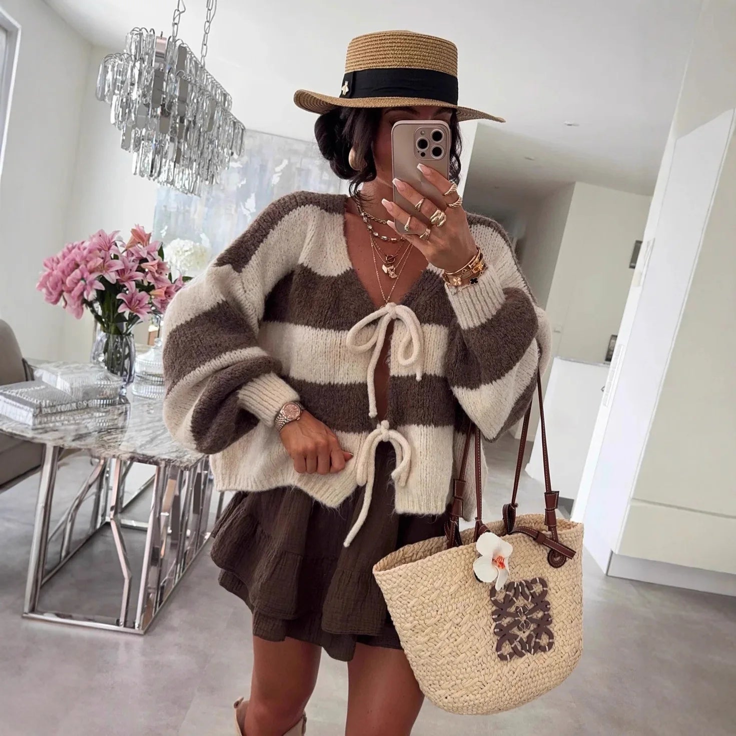 Knitted Striped Bow-Tie Cardigan