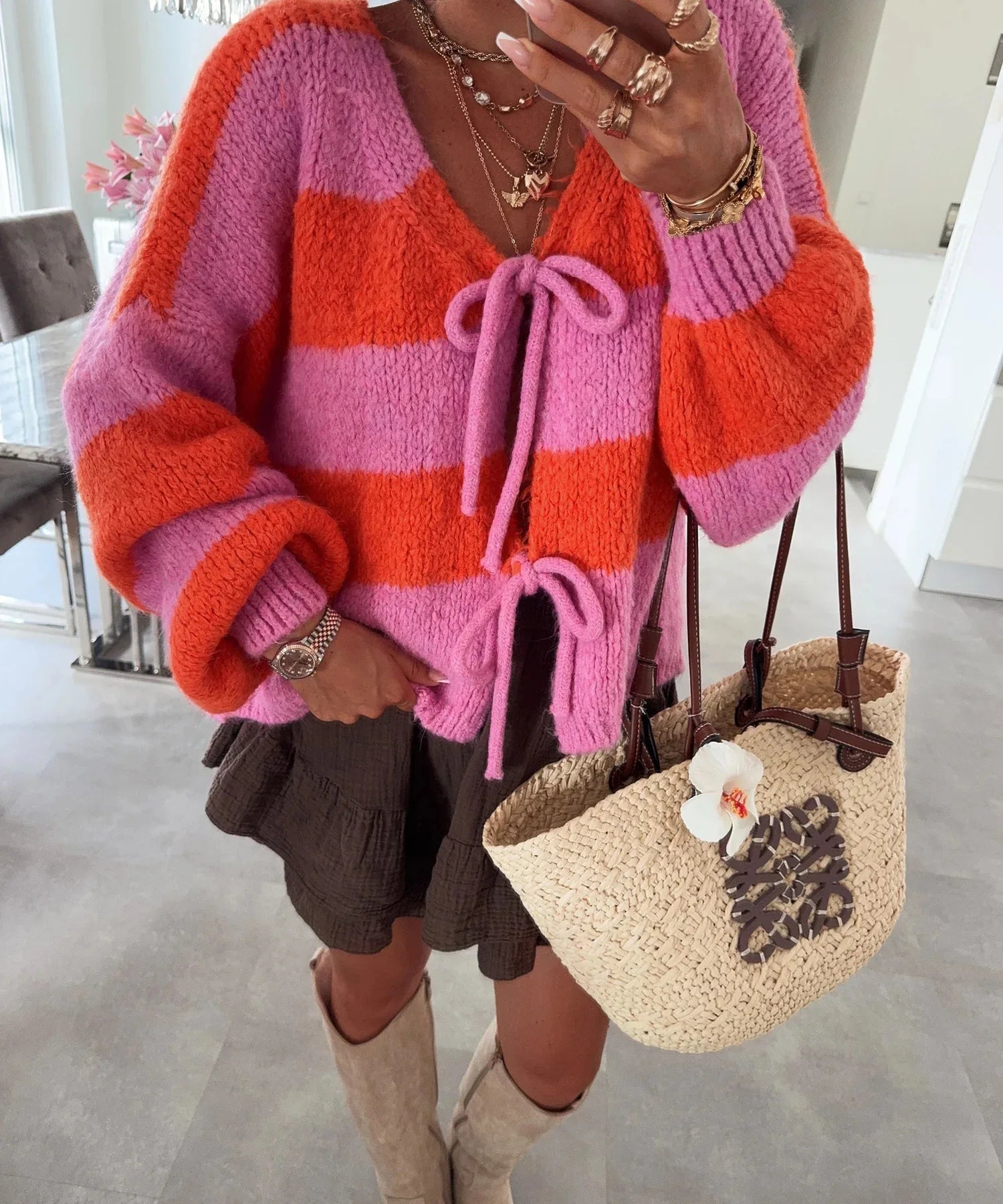 Knitted Striped Bow-Tie Cardigan