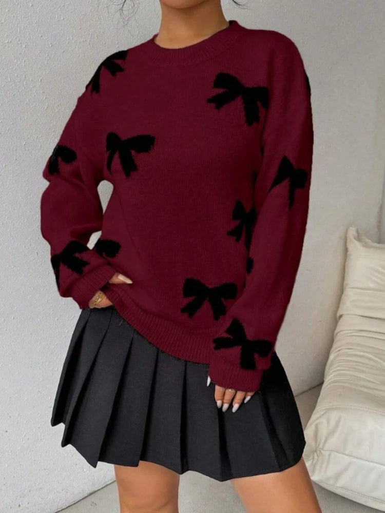 Women's Bow Wool Pullover Sweater Round Neck