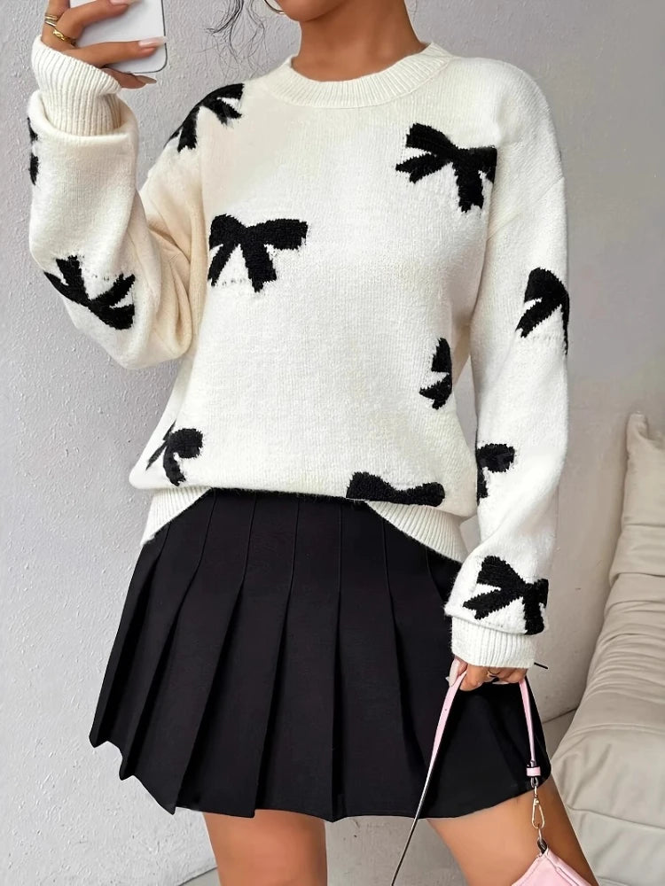 Women's Bow Wool Pullover Sweater Round Neck