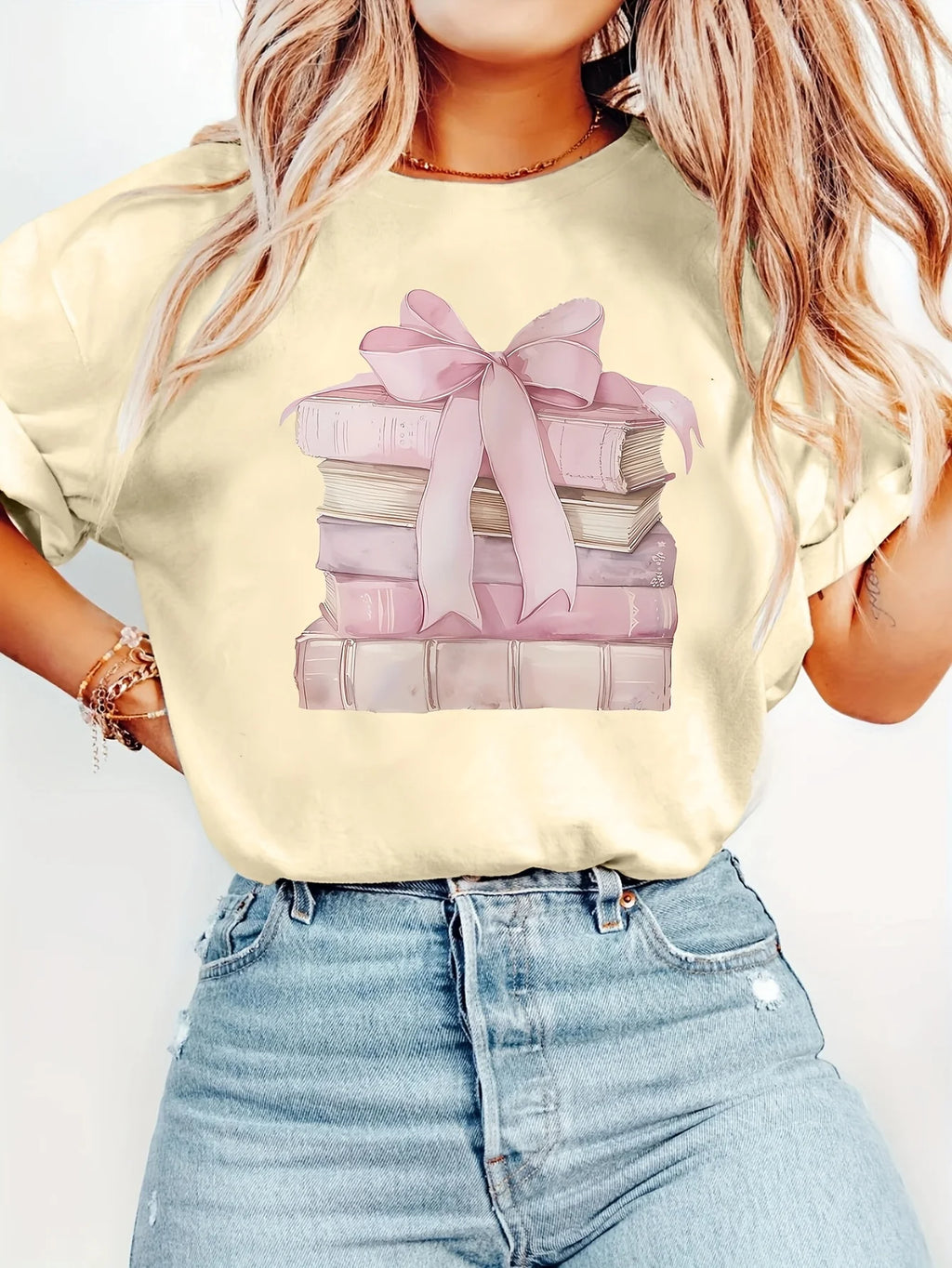 Women's Books Pile with Bow Graphic T-Shirt