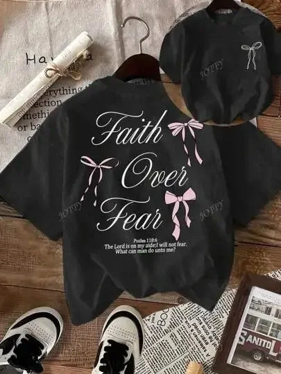 Pink Bow Faith Over Fear Women's Tee Shirt