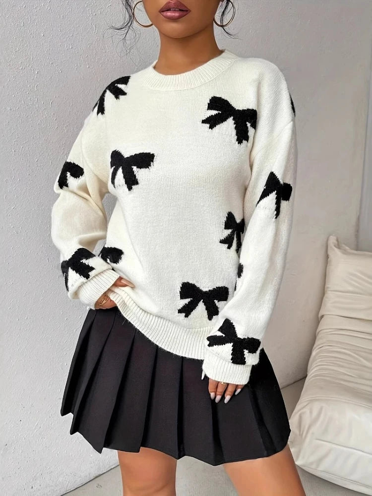 Women's Bow Wool Pullover Sweater Round Neck