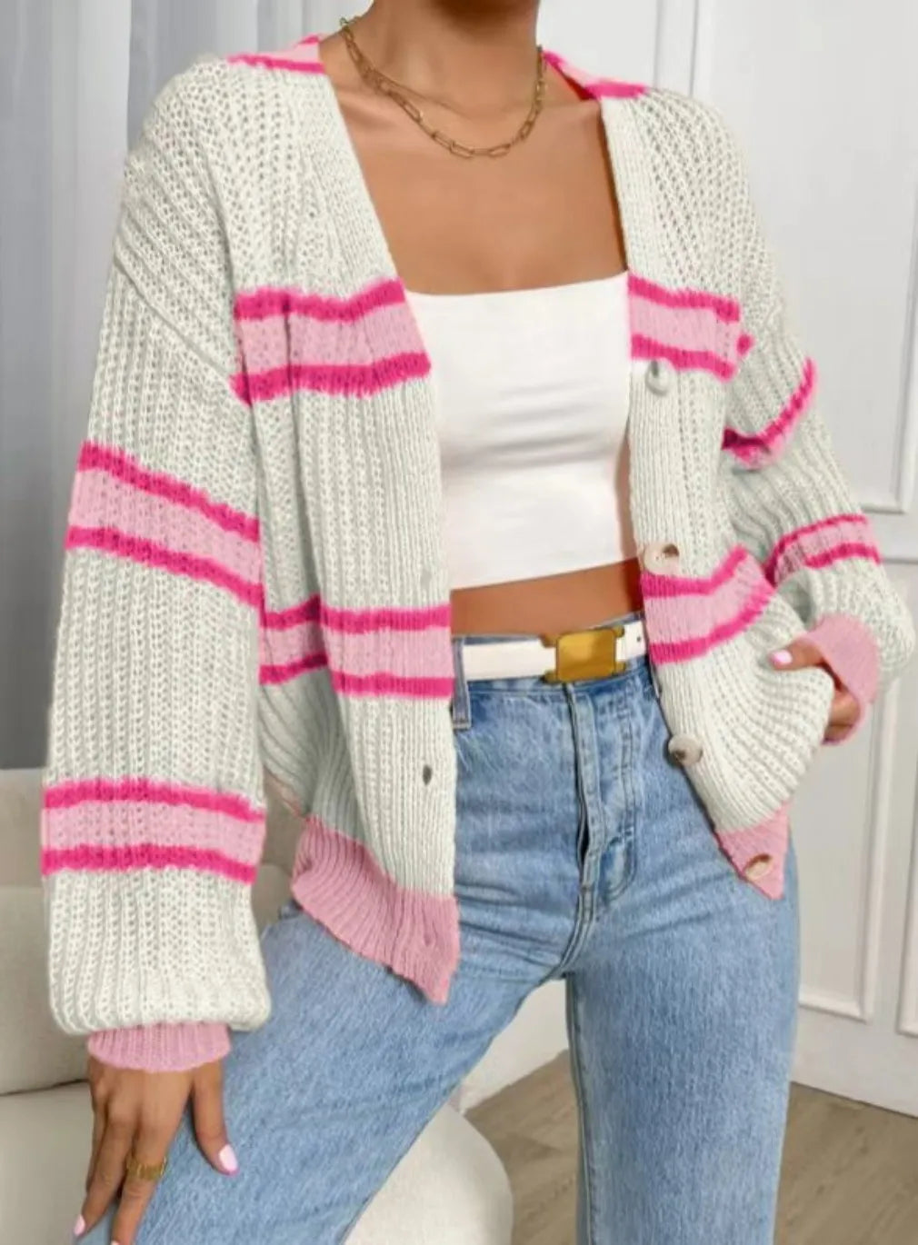 Pink Striped Cardigan
