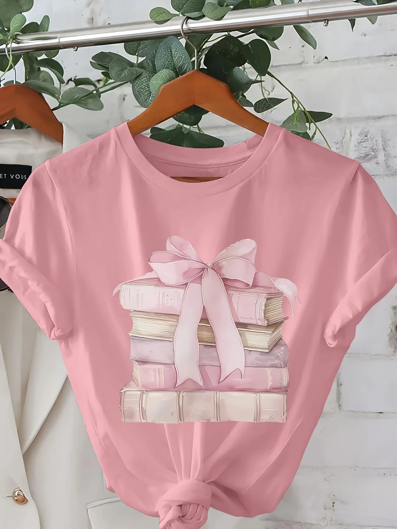 Women's Books Pile with Bow Graphic T-Shirt