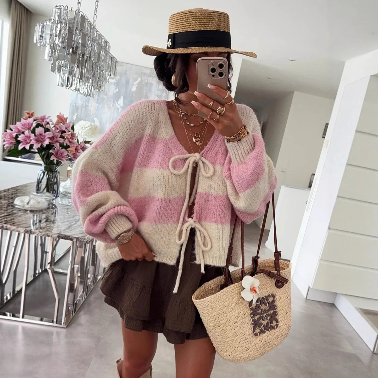 Knitted Striped Bow-Tie Cardigan