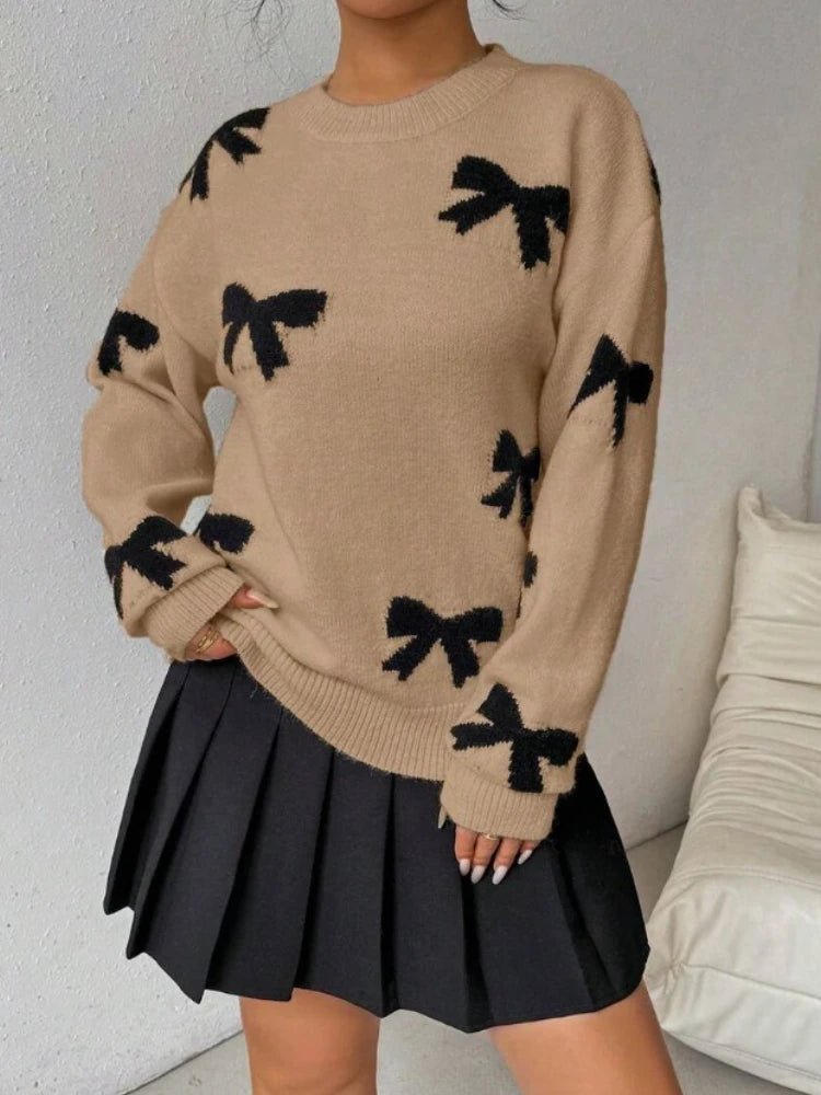 Women's Bow Wool Pullover Sweater Round Neck
